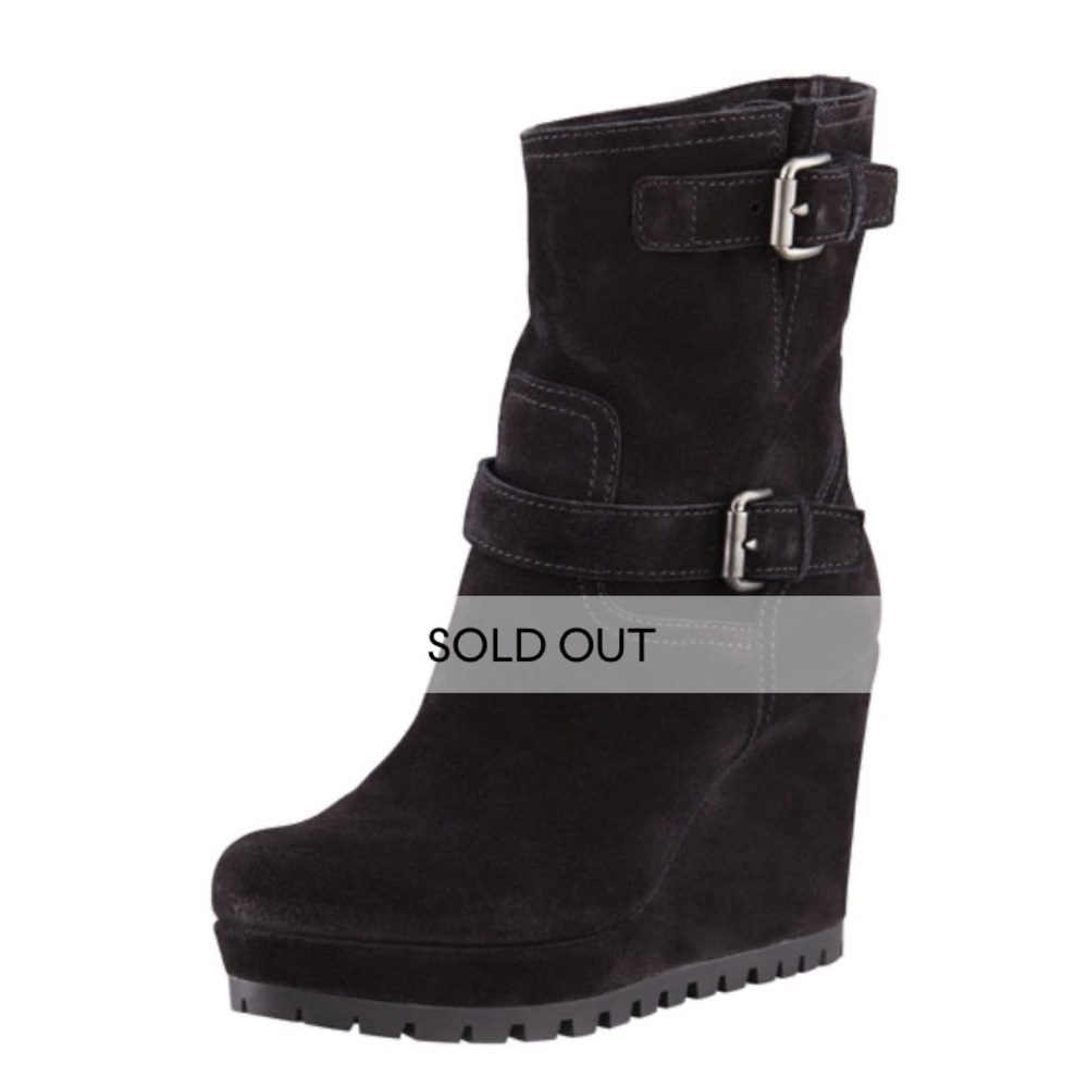 PRADA Black Suede Double Buckle Wedge Ankle Booties Boots - Picture 9 of 13